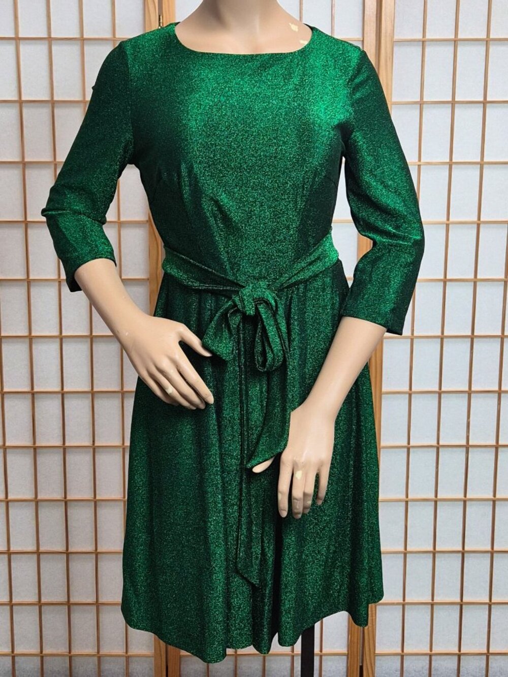 Dress Tells green sparkly midi dress 3/4 sleeve A-line with belt size Large EUC